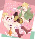  1boy 1girl :d blonde_hair blue_eyes boots brother_and_sister casual copyright_name hair_ornament hairclip hoodie kagamine_len kagamine_rin kneehighs object_hug open_mouth p0ckylo panda short_hair siblings skirt smile striped striped_legwear stuffed_animal stuffed_panda stuffed_toy suki_kirai_(vocaloid) twins twintails vocaloid 