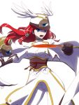  1girl arin66 blazblue blue_eyes brown_gloves cape coat cowboy_shot gloves hat long_hair looking_at_viewer open_mouth pants redhead serious solo sword tsubaki_yayoi weapon white_background white_pants 