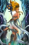  1girl ass back bare_shoulders barefoot blonde_hair blue_eyes breasts bustier elbow_gloves floating_hair from_behind gloves greaves hairband janna_windforce league_of_legends lips long_hair looking_back neo-tk.. nose pointy_ears ribbon see-through soles solo staff toes white_gloves 