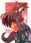  1girl alternate_costume animal_ears blush brown_hair colored_pencil_(medium) copyright_name flower hair_flower hair_ornament imaizumi_kagerou japanese_clothes kimono long_hair long_sleeves looking_at_viewer obi red_eyes sash solo tail terajin touhou traditional_media wolf_ears wolf_tail 
