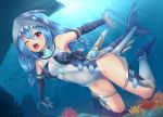  1girl ;o air_bubble bare_shoulders blue_hair bridal_gauntlets fish fish_tail light_rays long_hair mecha_musume one-piece_swimsuit one_eye_closed open_mouth original pink_eyes sand-rain sasaame shark_girl solo sunbeam sunlight swimsuit tagme thighs underwater white_swimsuit wince 