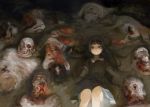  1girl attall black_hair blood corpse highres long_hair mud original partially_submerged red_eyes skirt skull 