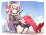  1girl amatsukaze_(kantai_collection) blush brown_eyes chestnut_mouth garter_straps kantai_collection knees_together_feet_together kz_(kazuma-rising) long_hair object_hug rensouhou-kun silver_hair sitting solo striped striped_legwear thigh-highs two_side_up 