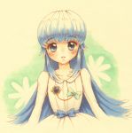  1girl blue_eyes blue_hair blush dress eyelashes happinesscharge_precure! long_hair looking_at_viewer open_mouth precure ribbon shirayuki_hime solo standing watayuki white_dress yellow_background 
