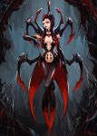  1girl black_hair breasts center_opening claws crossed_legs elbow_gloves elise_(league_of_legends) gloves insect_girl league_of_legends long_fingers long_hair monster_girl navel neo-tk.. no_feet red_eyes redhead revealing_clothes sideboob solo spider_girl spikes standing tattoo thigh_gap 