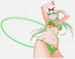  :o arms_up bikini bow bracelet cropped_legs earrings esmeralda_(otomedius) floating_hair green green_bikini green_eyes green_hair hair_bow hoop hula_hoop jewelry long_hair navel o-ring_bottom o-ring_top official_art open_mouth otomedius otomedius_excellent simple_background swimsuit yoshizaki_mine 