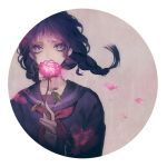  1girl braid circle error501 flower holding holding_flower messy_hair original petals purple_hair school_uniform serafuku solo violet_eyes 