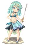  1girl armlet bare_shoulders bikini_top blue_eyes blue_hair bracelet breasts checkered checkered_floor chibi choker cleavage hair_ornament hand_on_hip jewelry looking_at_viewer midriff navel o-ring_top open_mouth original sand-rain sasaame simple_background skirt solo sword tagme weapon white_background 