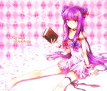  1girl argyle argyle_background bare_shoulders barefoot book bow character_name choker crescent_hair_ornament double_bun hair_bow hair_ornament highres jun2onod long_hair looking_at_viewer off_shoulder patchouli_knowledge pink_background purple_hair ribbon sitting thigh_ribbon touhou vertical-striped_dress very_long_hair violet_eyes wrist_cuffs 