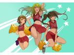  3girls :3 attall blush breasts brown_hair cheerleader crop_top crop_top_overhang flat_chest green_hair long_hair midriff multiple_girls navel open_mouth original pom_poms red_eyes short_hair skirt smile stitched_mouth stitches twintails 