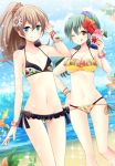  2girls beach bikini blue_eyes brown_eyes brown_hair green_hair hiroichi kantai_collection kumano_(kantai_collection) long_hair multiple_girls one_eye_closed ponytail shaved_ice suzuya_(kantai_collection) swimsuit 