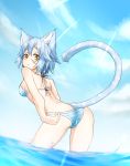  1girl :/ animal_ears ass bare_back bare_legs bare_shoulders bikini blue_hair blue_sky breasts cat_ears cat_tail from_behind highres looking_at_viewer orange_eyes original partially_submerged ryota_tentei scar short_hair sky solo swimsuit tail tora_tentei water 