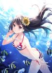  1girl angelfish animal bikini black_hair blue_eyes blush bracelet breasts bubble cleavage fish flower fukahire_sanba hair_flower hair_ornament jewelry long_hair looking_at_viewer necklace open_mouth original side-tie_bikini solo striped striped_bikini striped_swimsuit sunflower swimsuit underwater water 