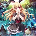  &gt;:) 1girl animal_ears blonde_hair blood blood_on_face blood_splatter breasts brown_eyes cleavage clenched_hands copyright_name frills long_hair looking_at_viewer miyase_mahiro monster_monster rabbit_ears skull smile solo tagme 