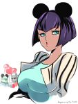  1girl 2boys albus_(skullgirls) alternate_headwear animal_ears balloon blue_eyes breasts brown_hair casual dark_skin eliza_(skullgirls) fake_animal_ears horace_(skullgirls) large_breasts mickey_mouse_ears mouse_ears multiple_boys puckered_lips short_hair skullgirls solo_focus xryuu 