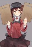  1girl brown_eyes brown_hair crying crying_with_eyes_open cutting_board highres kantai_collection long_hair looking_at_viewer pleated_skirt ryuujou_(kantai_collection) skirt solo sumisu_(mondo) tears twintails visor_cap 