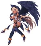  1girl black_gloves black_hair black_legwear blonde_hair blush breasts cleavage dark_skin demon_girl elbow_gloves fangs gloves high_heels highres horns large_breasts long_hair looking_at_viewer moutama open_mouth original outstretched_hand pointy_ears red_eyes solo wings 