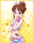  1girl akizuki_ritsuko alternate_costume antenna_hair arms_up artist_request bare_shoulders blush brown_eyes brown_hair covering covering_breasts embarrassed folded_ponytail glasses hair_bun hand_on_own_cheek idolmaster idolmaster_million_live! looking_at_viewer midriff official_art open_mouth short_shorts shorts solo 