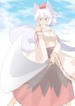  1girl :&lt; animal_ears bare_shoulders breasts detached_sleeves hat highres inubashiri_momiji midriff piza_poteto red_eyes short_hair silver_hair sky solo sword tail tokin_hat touhou weapon wolf_ears wolf_tail 