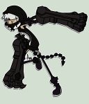  1girl black_rock_shooter brown_eyes green_background grim-evilnov highres hoodie mechanical_arms short_hair signature simple_background sleeveless solo strength_(black_rock_shooter) tail thigh-highs white_hair 