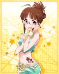  1girl akizuki_ritsuko alternate_costume antenna_hair arms_up artist_request bare_shoulders blush brown_eyes brown_hair covering covering_breasts crop_top crop_top_overhang embarrassed folded_ponytail glasses hair_bun hand_on_own_cheek idolmaster idolmaster_million_live! jpeg_artifacts looking_at_viewer midriff navel official_art open_mouth short_shorts shorts solo wrist_cuffs yellow_background 