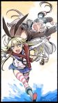  2girls amatsukaze_(kantai_collection) blank_eyes blonde_hair brown_eyes crying crying_with_eyes_open elbow_gloves gloves kantai_collection long_hair multiple_girls nonco running_on_water shimakaze_(kantai_collection) silver_hair striped striped_legwear tears thigh-highs twintails 