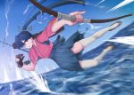  1girl action arrow black_hair blue_eyes bow_(weapon) gloves hair_ribbon houshou_(kantai_collection) japanese_clothes jumping kantai_collection long_hair looking_at_viewer midair motion_blur ponytail quiver ribbon sandals solo thigh-highs toritora torn_clothes weapon 