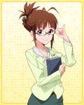  1girl akizuki_ritsuko antenna_hair artist_request brown_eyes brown_hair dress_shirt folded_ponytail glasses hair_bun holding holding_glasses idolmaster idolmaster_million_live! looking_at_viewer notebook official_art shirt smile solo 