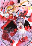  2girls ascot bat bat_wings blonde_hair blue_hair chain colored_pencil_(medium) dress fang flandre_scarlet hat hat_ribbon highres laevatein mob_cap mosho multiple_girls open_mouth puffy_short_sleeves puffy_sleeves red_eyes remilia_scarlet ribbon sash shirt short_sleeves siblings side_ponytail silver_hair sisters skirt skirt_set smile squatting touhou traditional_media vest watercolor_(medium) white_dress wings 