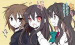  3girls black_hair blonde_hair blush brown_eyes brown_hair hair_ribbon hatsushimo_(kantai_collection) kantai_collection long_hair long_sleeves multicolored_hair multiple_girls naganami_(kantai_collection) nagasioo red_eyes ribbon school_uniform wakaba_(kantai_collection) 