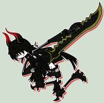  1girl black_gold_saw black_hair black_rock_shooter breasts cleavage cropped_jacket greaves grim-evilnov highres horns huge_weapon long_hair navel open_fly outline red_eyes shorts signature skeletal_arm solo unzipped weapon 