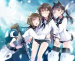  3girls animal_ears black_hair black_swimsuit blue_sky blush bottomless brown_eyes brown_hair clouds dog_ears dog_tail eyepatch flying gun hand_on_another&#039;s_arms hashigo hug long_hair long_sleeves looking_at_another military military_uniform multiple_girls neckerchief one_eye_closed open_mouth ponytail sailor_collar sakamoto_mio school_swimsuit short_hair sky smile strap strike_witches striker_unit swimsuit tail takei_junko uniform wakamoto_tetsuko weapon 