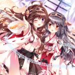  2girls :d ;d ahoge black_hair brown_eyes brown_hair carrying cup detached_sleeves dutch_angle hair_ornament hairband hairclip haruna_(kantai_collection) holding kantai_collection kongou_(kantai_collection) long_hair looking_at_viewer multiple_girls music_box musical_note nogi_takayoshi nontraditional_miko one_eye_closed open_mouth pleated_skirt skirt smile tagme teacup violet_eyes 