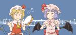  bat_wings blonde_hair blue_hair chi-kun_(seedyoulater) fangs flandre_scarlet hat instrument multiple_girls musical_note red_eyes remilia_scarlet side_ponytail smile tambourine touhou triangle wings 