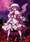  1girl bat bat_wings flower hand_on_hip hat highres looking_at_viewer moon night night_sky nikka_(cryptomeria) outstretched_hand petals purple_hair red_eyes red_moon remilia_scarlet rose sky smile solo standing star_(sky) starry_sky thorns touhou wings 
