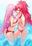  2girls akuma_no_riddle arched_back ass bikini blush breasts diomedea drill_hair hair_ornament hairclip holding_hands inukai_isuke kadokawa_shoten long_hair multiple_girls negresco open_mouth purple_bikini purple_hair red_bikini redhead sagae_haruki side-tie_bikini swimsuit very_long_hair wading water yellow_eyes you_gonna_get_raped 