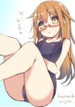  1girl artist_name blue_swimsuit blush breasts cleavage collarbone glasses gradient gradient_background haruyuki_(yukichasoba) kantai_collection legs_up long_hair mochizuki_(kantai_collection) open_mouth orange_hair red-framed_glasses semi-rimless_glasses sitting solo sweatdrop swimsuit text translation_request under-rim_glasses yellow_eyes 