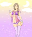  1girl blue_eyes bow bra brown_hair highres lingerie long_hair midriff navel original panties purple_bra purple_legwear purple_panties smile solo thighhighs umetemari underwear 