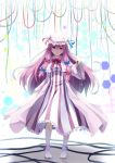  1girl capelet coat crescent dress hair_ribbon long_hair long_sleeves looking_at_viewer mob_cap open_clothes open_coat patchouli_knowledge purple_dress purple_hair ribbon sen_kagura solo striped striped_legwear touhou tress_ribbon very_long_hair violet_eyes wide_sleeves 