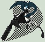  1girl :&lt; arm_cannon bikini_top black_rock_shooter black_rock_shooter_(character) blue_eyes blue_hair boots checkered checkered_background flaming_eye green_background grim-evilnov hooded_jacket navel scar short_shorts shorts signature solo twintails weapon 