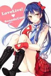  1girl blue_hair brown_eyes fingerless_gloves gloves long_hair love_live!_school_idol_project necktie solo sonoda_umi toosaka_asagi 