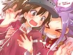  2girls brown_eyes brown_hair japanese_clothes jun&#039;you_(kantai_collection) kantai_collection long_hair multiple_girls purple_hair ryuujou_(kantai_collection) twintails visor_cap yumi_yumi 