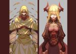  1boy 1girl blonde_hair cloak colored_eyelashes crossover cthulhu_mythos fate/zero fate_(series) gilgamesh hood horns jewelry king_in_yellow lilin99jh necklace saber 