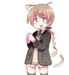  1girl :d ahoge animal_ears blue_eyes blush bottomless braid brown_hair cat_ears cat_tail collared_shirt eyebrows hands_clasped hashigo jacket long_hair long_sleeves lowres lynette_bishop necktie open_mouth pocket simple_background single_braid smile solo strike_witches sweater_vest tail thigh-highs vest white_background 