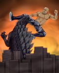  1boy bald battle black_eyes building facial_hair giant goatee godzilla godzilla_(series) highres kaijuu mutou_keiji_(wrestler) namesake pun shimon_mosado shining_wizard wristband 