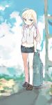  1girl ahoge blonde_hair blue_eyes blue_sky blush bottle clouds dress_shirt full_body hanna-justina_marseille hashigo huge_ahoge loafers long_hair milk milk_bottle navel open_fly outdoors shirt shoes short_sleeves shorts sky solo strike_witches unzipped younger 