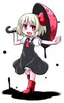  1girl :d blonde_hair darkness dripping fang hair_ribbon kugelschreiber necktie open_mouth outstretched_arm puffy_short_sleeves puffy_sleeves red_eyes ribbon rumia short_hair short_sleeves simple_background skirt smile touhou umbrella vest white_background wing_collar 