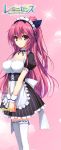  akusera apron breasts brown_eyes cleavage detached_collar dress garter_straps long_hair looking_at_viewer maid maid_apron maid_headdress pink_hair reminiscence smile thigh-highs tomose_shunsaku white_legwear wrist_cuffs 