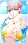  1girl bare_shoulders bikini blush breasts flower genderswap grey_eyes grey_hair hair_flower hair_ornament hand_on_own_chest jacket large_breasts morimement narukami_yuu open_clothes open_jacket persona persona_4 short_hair solo sweat swimsuit very_short_hair 