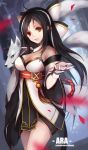  1girl ara_han artist_name black_hair blurry bow breasts character_name cleavage depth_of_field detached_sleeves elsword fox hair_bow hair_ornament hair_ribbon heterochromia long_hair looking_at_viewer parted_lips ribbon sketch smile swd3e2 tagme 